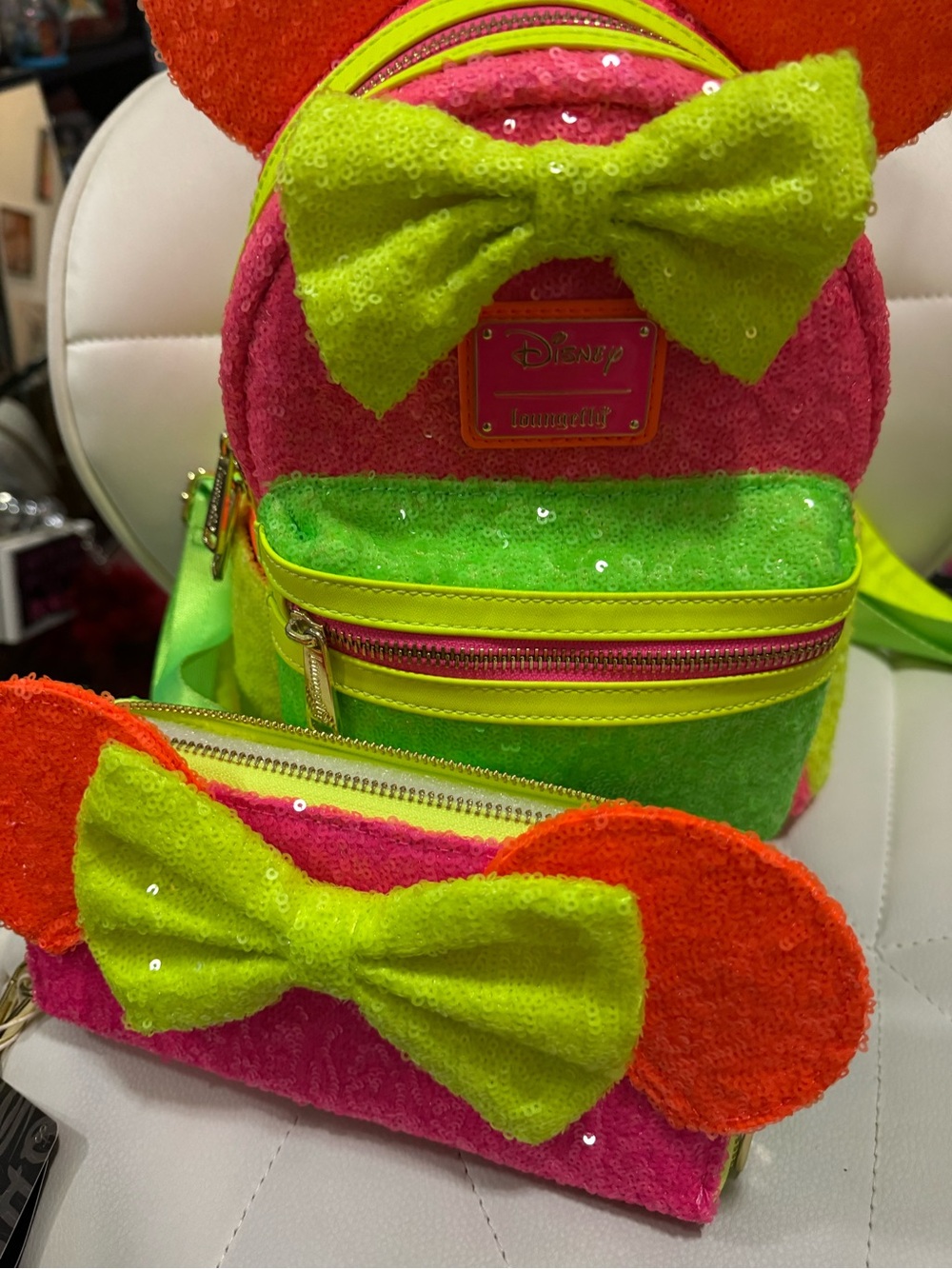 Loungefly Neon Sequin Minnie Ear Backpack and Matching Wallet w/Wristlet